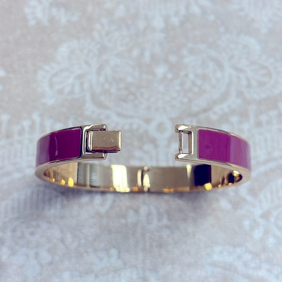 Kate Spade Gold Tone & Magenta Enamel Cuff Bangle Bracelet Cutout Preppy Classic - Picture 12 of 13